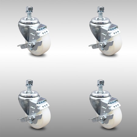 Service Caster 3 Inch SS Nylon Wheel Swivel 10mm Threaded Stem Caster Set Brake SCC SCC-SSTS20S314-NYS-TLB-M1015-4